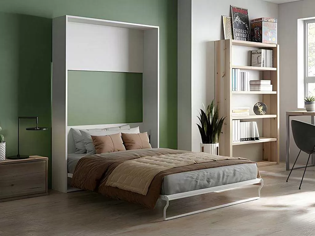 Cama Rebatível*Vente-unique Cama Embutida De 140 X 200 Cm Abertura Vertical Manual Branco + Colchão - Malina Ii