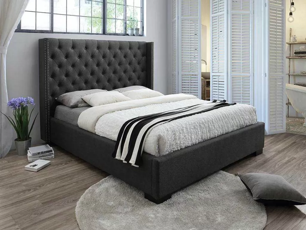 Cama De Adulto*Vente-unique Cama Massimo Cabeceira De Cama Acolchoada - 180X200Cm - Tecido Cinza