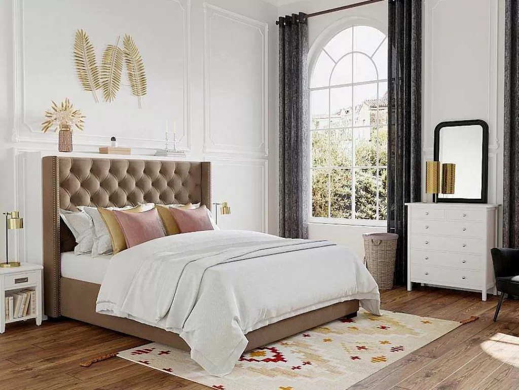 Cama De Adulto*Vente-unique Cama Massimo Cabeceira De Cama Em Capitone- 160X200Cm- Tecido Bege
