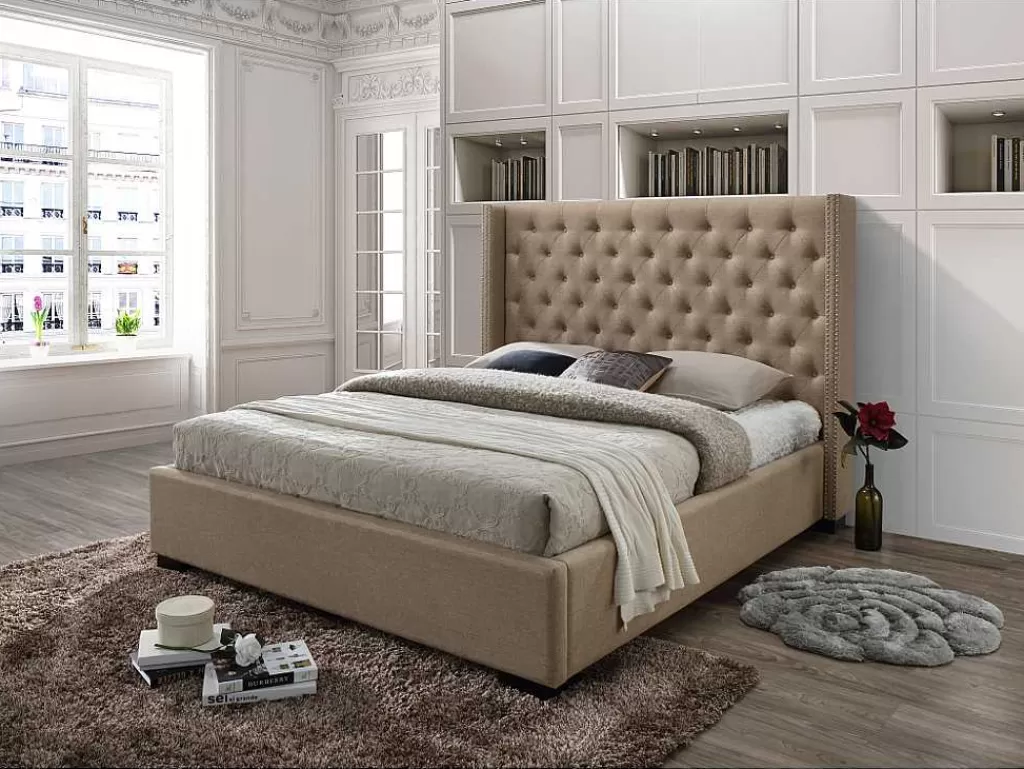 Cama De Adulto*Vente-unique Cama Massimo Cabeceira De Cama Em Capitone- 160X200Cm- Tecido Bege