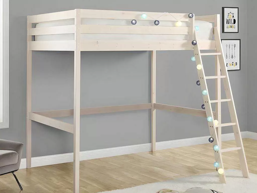 Cama Alta*Vente-unique Cama Mezzanine 140X190 Cm Em Pinho Macico Esbranquicado + Colchão - Gedeon