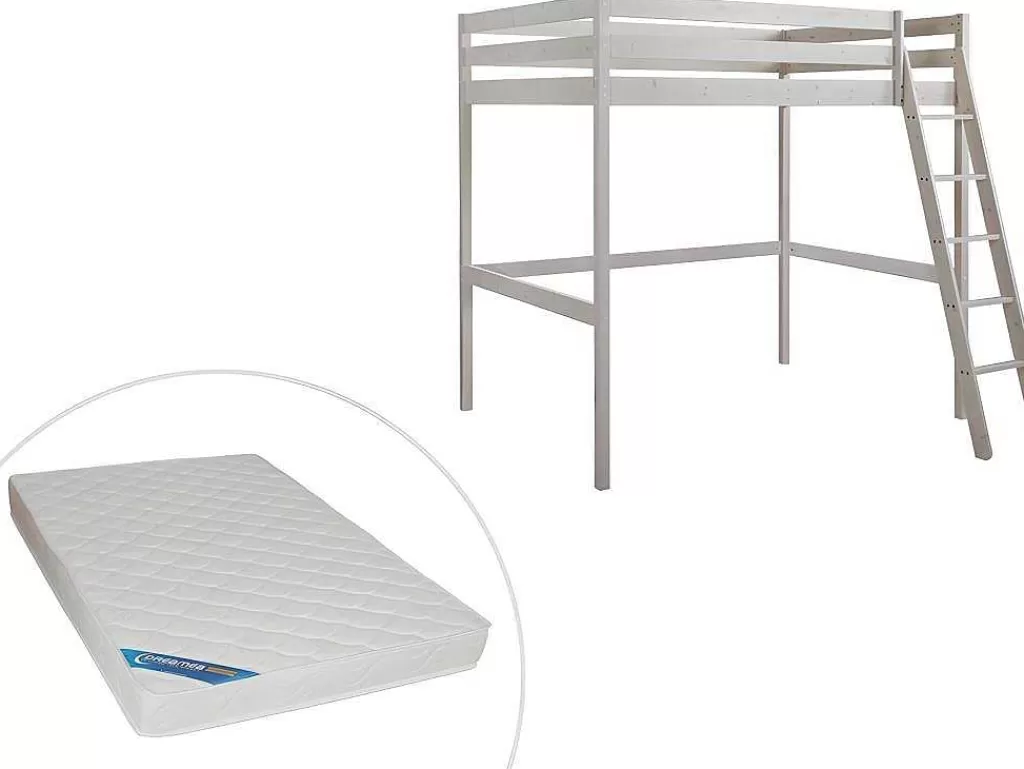 Cama Alta*Vente-unique Cama Mezzanine 140X190 Cm Em Pinho Macico Esbranquicado + Colchão - Gedeon