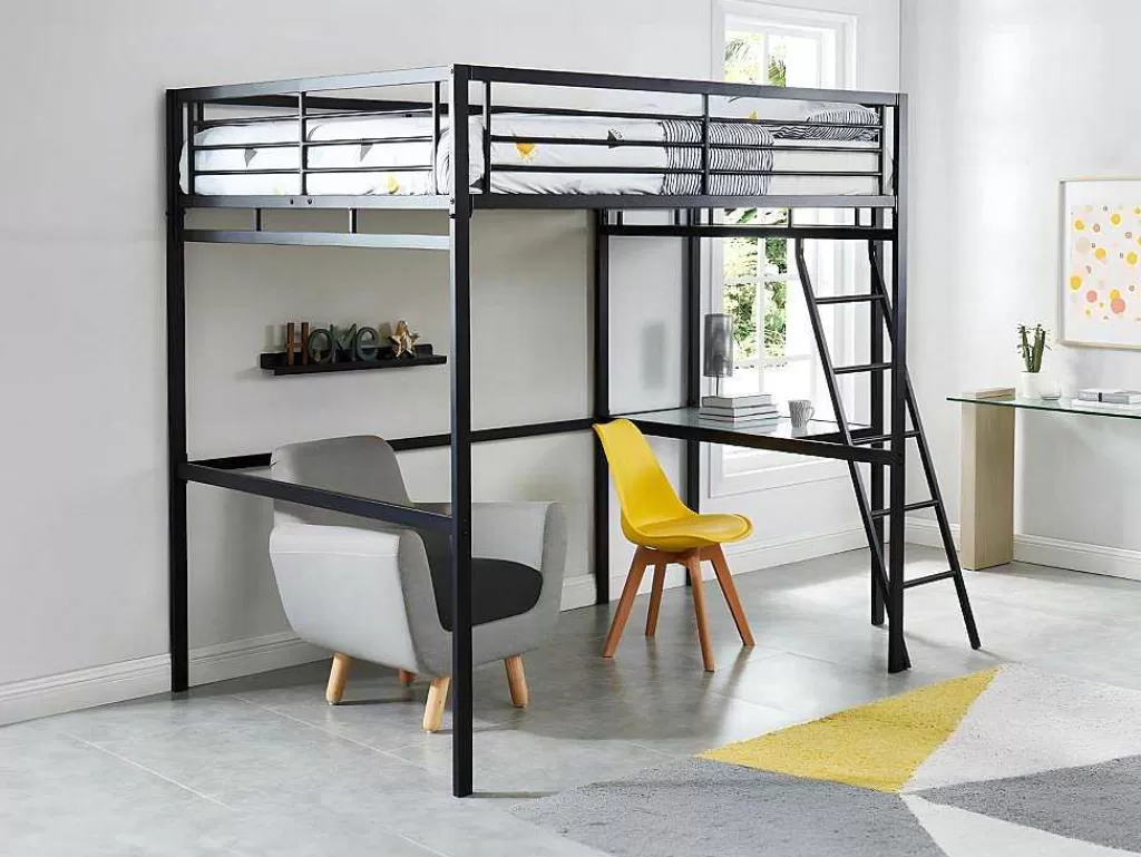 Cama Alta*Vente-unique Cama Mezzanine Com Plataforma De Secretária 140X190 Cm Antracite - Casual Ii