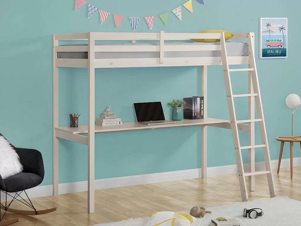 Cama Alta*Vente-unique Cama Mezzanine Com Secretária 90X190 Cm Em Pinho Macico Esbranquicado + Colchão - Gedeon