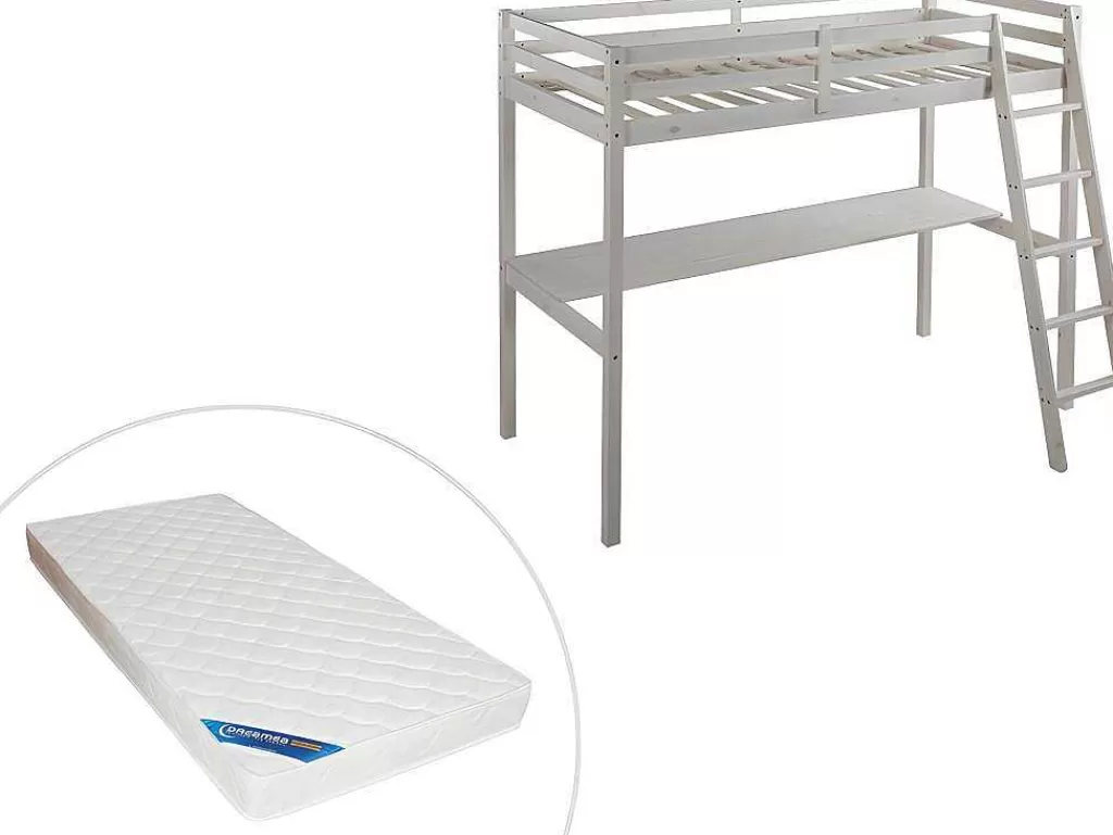 Cama Alta*Vente-unique Cama Mezzanine Com Secretária 90X190 Cm Em Pinho Macico Esbranquicado + Colchão - Gedeon