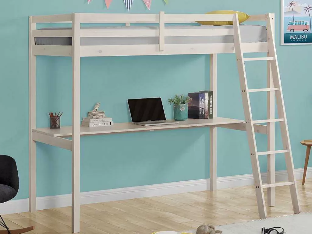 Cama Alta*Vente-unique Cama Mezzanine Com Secretária 90X190 Cm Em Pinho Macico Esbranquicado + Colchão - Gedeon