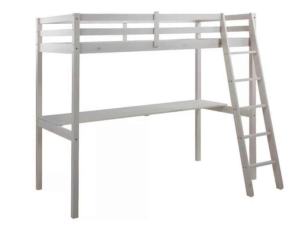 Cama Alta*Vente-unique Cama Mezzanine Com Secretária 90X190 Cm Em Pinho Macico Esbranquicado + Colchão - Gedeon