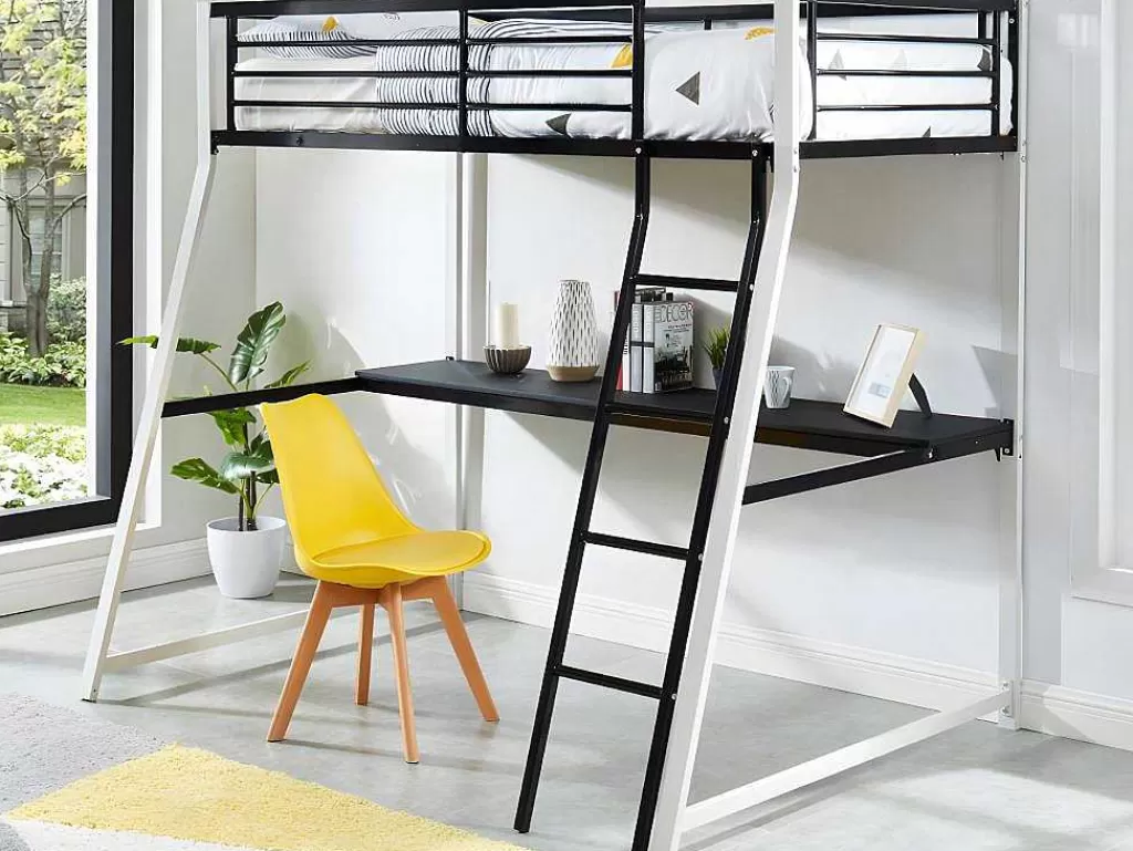 Cama Alta*Vente-unique Cama Mezzanine Com Secretária De Canto Integrada 90X190 Cm Preta E Branca Malicia + Colchão 90X190 Cm Zeus