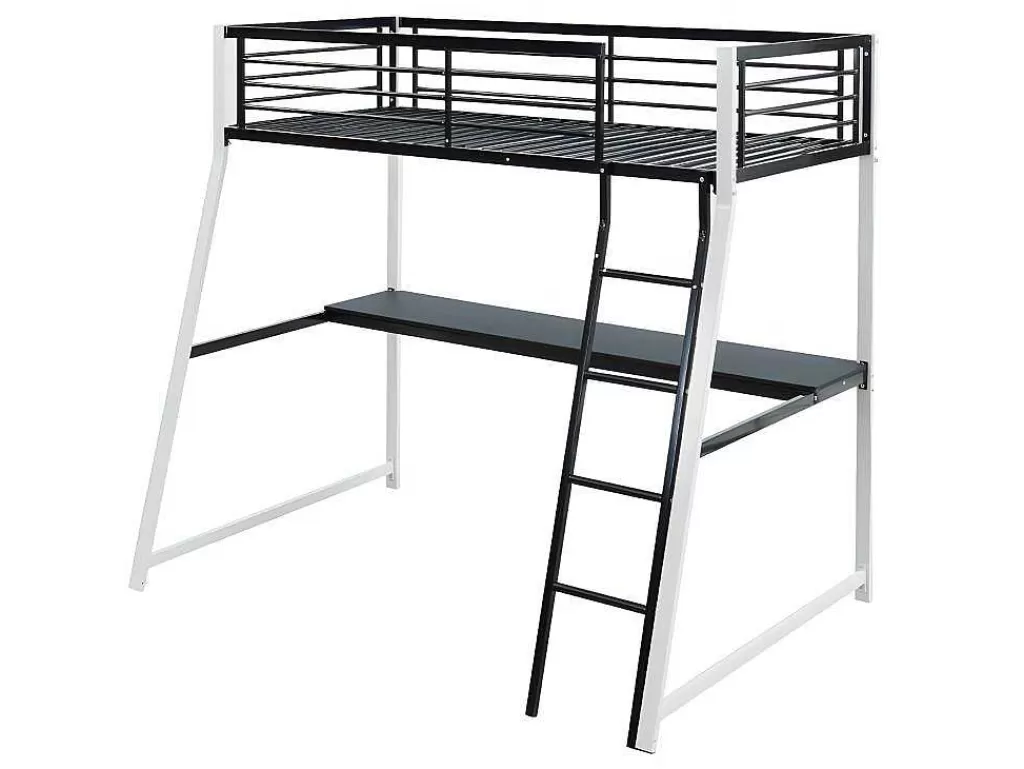 Cama Alta*Vente-unique Cama Mezzanine Com Secretária De Canto Integrada 90X190 Cm Preta E Branca Malicia + Colchão 90X190 Cm Zeus