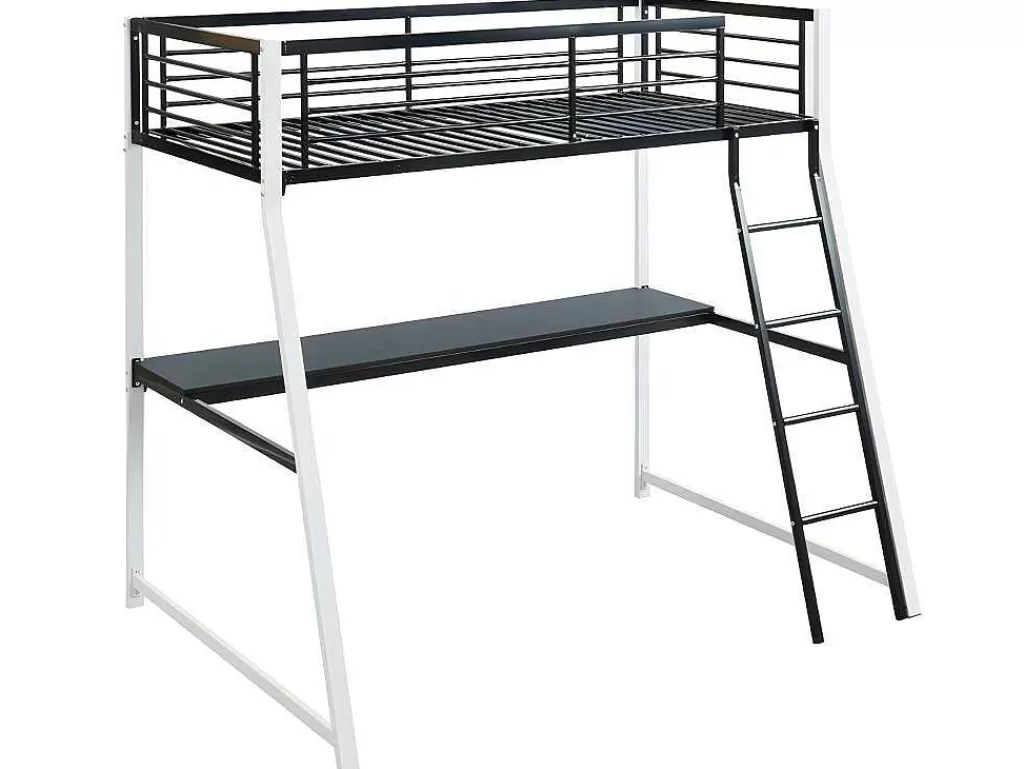 Cama Alta*Vente-unique Cama Mezzanine Com Secretária De Canto Integrada 90X190 Cm Preta E Branca Malicia + Colchão 90X190 Cm Zeus