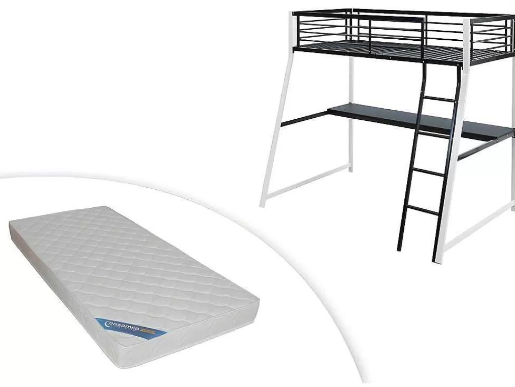 Cama Alta*Vente-unique Cama Mezzanine Com Secretária De Canto Integrada 90X190 Cm Preta E Branca Malicia + Colchão 90X190 Cm Zeus