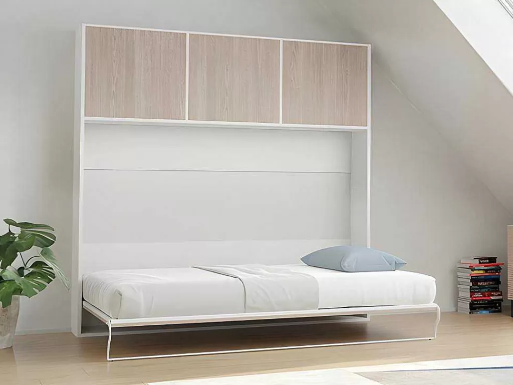 Cama Rebatível*Vente-unique Cama Rebatível 140 X 200 Cm Abertura Horizontal Manual, Com Arrumação, Cor Natural E Branco + Colchão - Elianor Ii