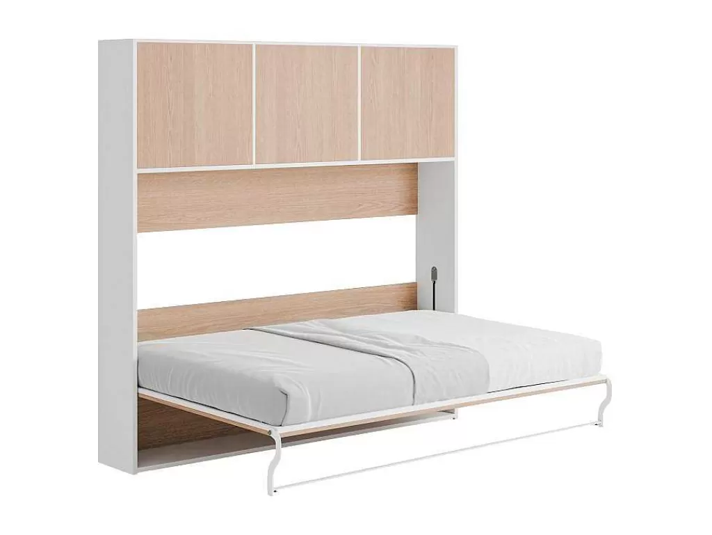 Cama Rebatível*Vente-unique Cama Rebatível 140 X 200 Cm Abertura Horizontal Manual, Com Arrumação, Cor Natural E Branco + Colchão - Elianor Ii