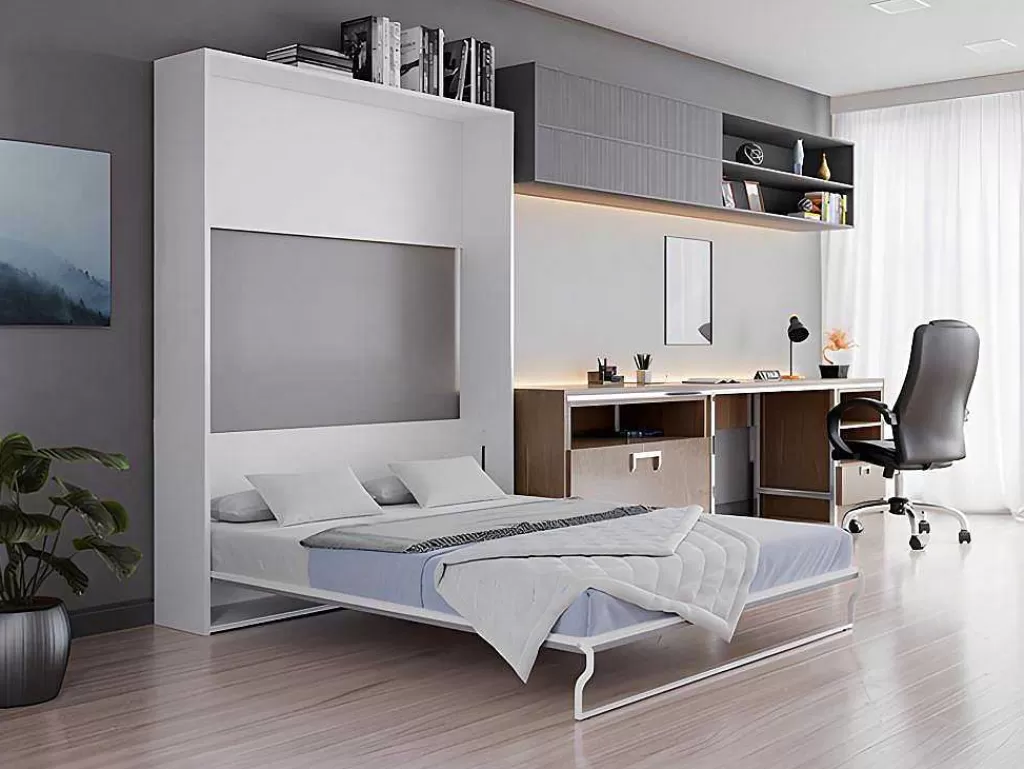 Cama Rebatível*Vente-unique Cama Retratil 160 X 200 Cm Abertura Vertical Manual Branca E Cinza + Colchão - Malina Ii