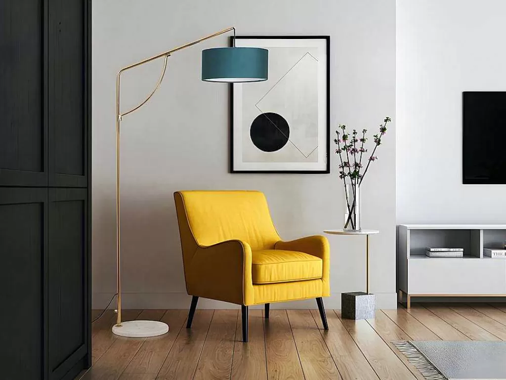 Candeeiro De Pe*OZAIA Candeeiro De Pe Em Arco Estilo Art Deco Latao E Marmore Em Veludo De A. 164 Cm Cor Azul-Esverdeado - Nour