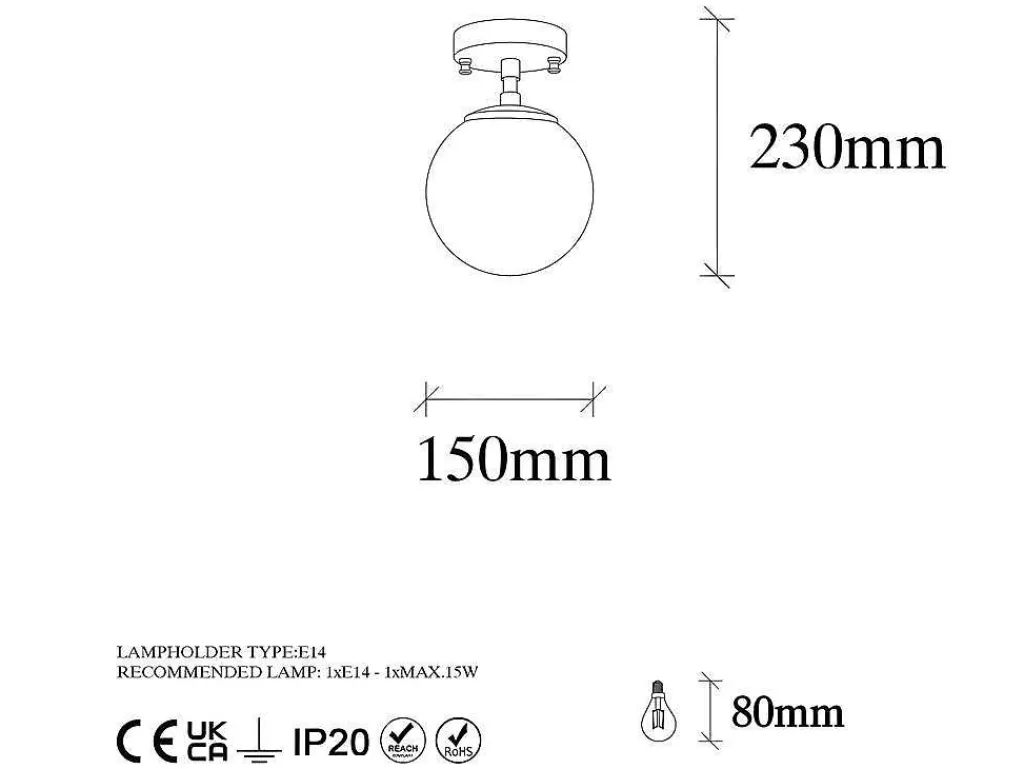 Luz De Teto*OZAIA Candeeiro De Teto Em Metal Com Globo De D. 15 X A. 23 Cm Estilo Vintage - Barlati