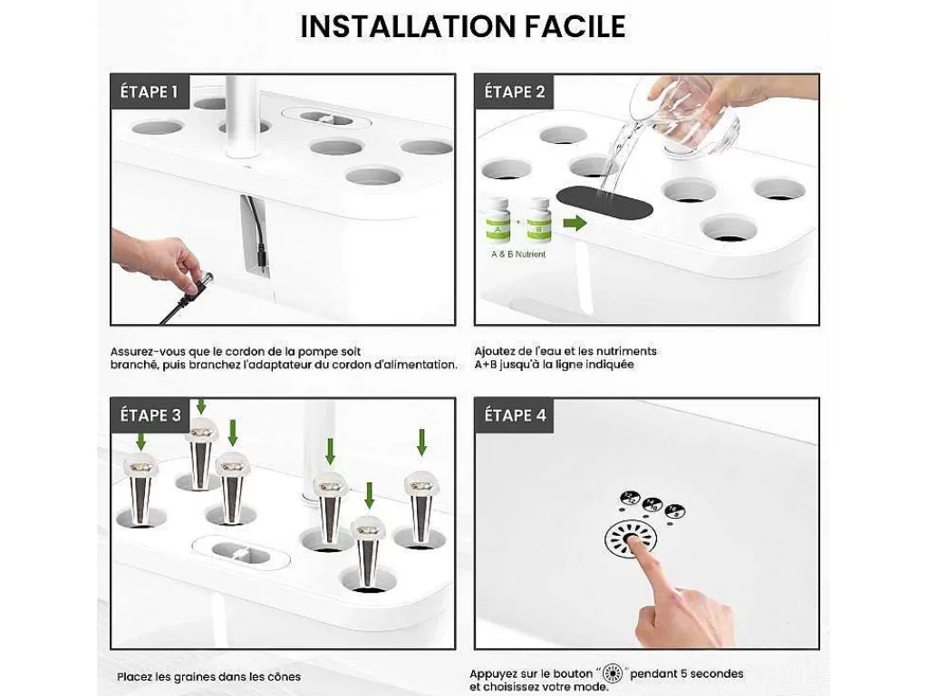 Floreira*Vente-unique Canteiro De Interior Com Leds 6 Plantas, Altura Ajustavel, Branco - Gardenio