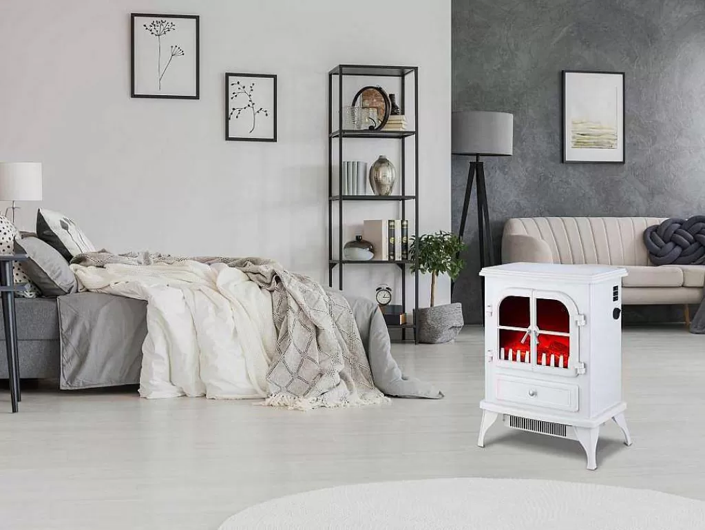 Lareira Elétrica*Purline Cheminee Electrique Au Sol 2000W Style Retro En Acier Laque Blanc