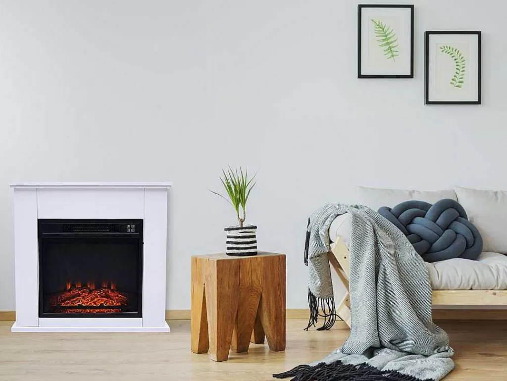 Lareira Elétrica*Purline Cheminee Electrique Au Sol De 2Kw En Acier Laque Blanc Avec Telecommande