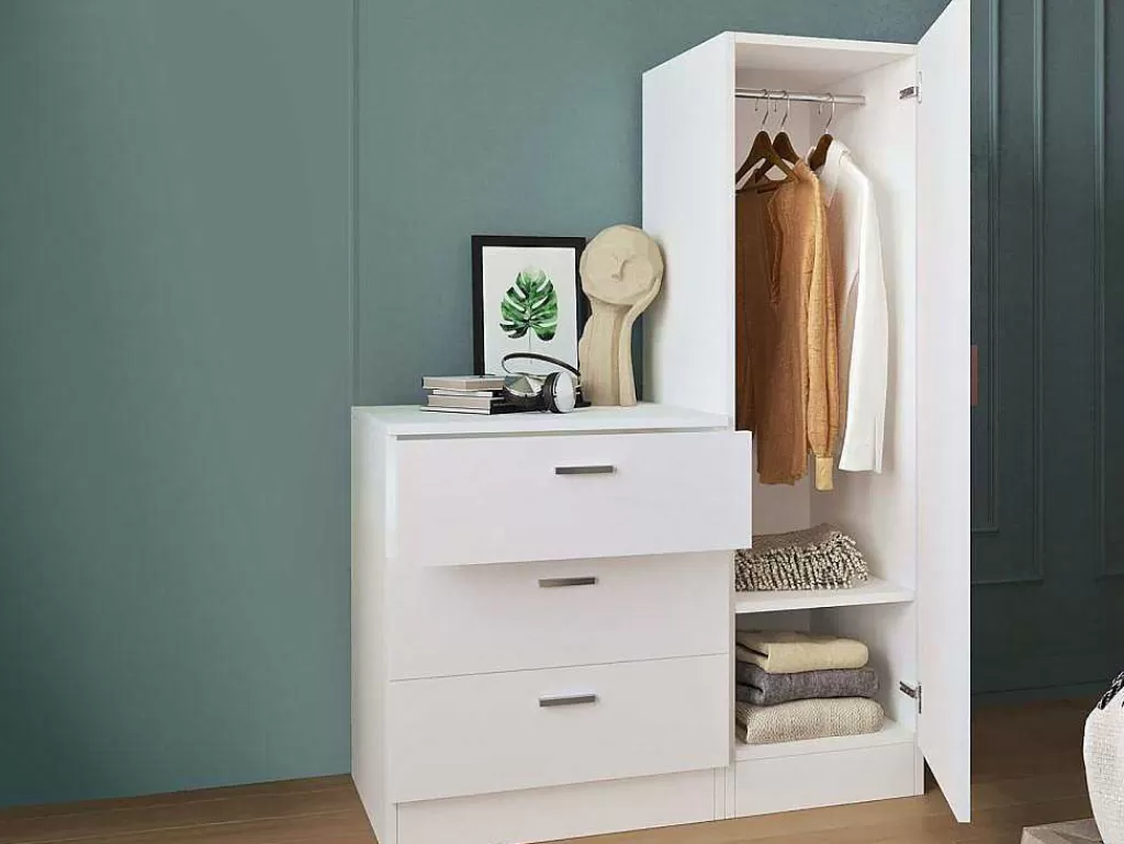 Armário E Roupeiro*Vente-unique Cómoda 3 Gavetas Com Armário E Espelho Branco - Vitorio