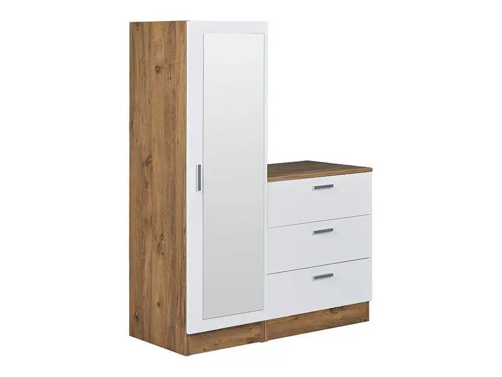 Armário E Roupeiro*Vente-unique Cómoda 3 Gavetas Com Armário E Espelho Branco E Natural - Vitorio
