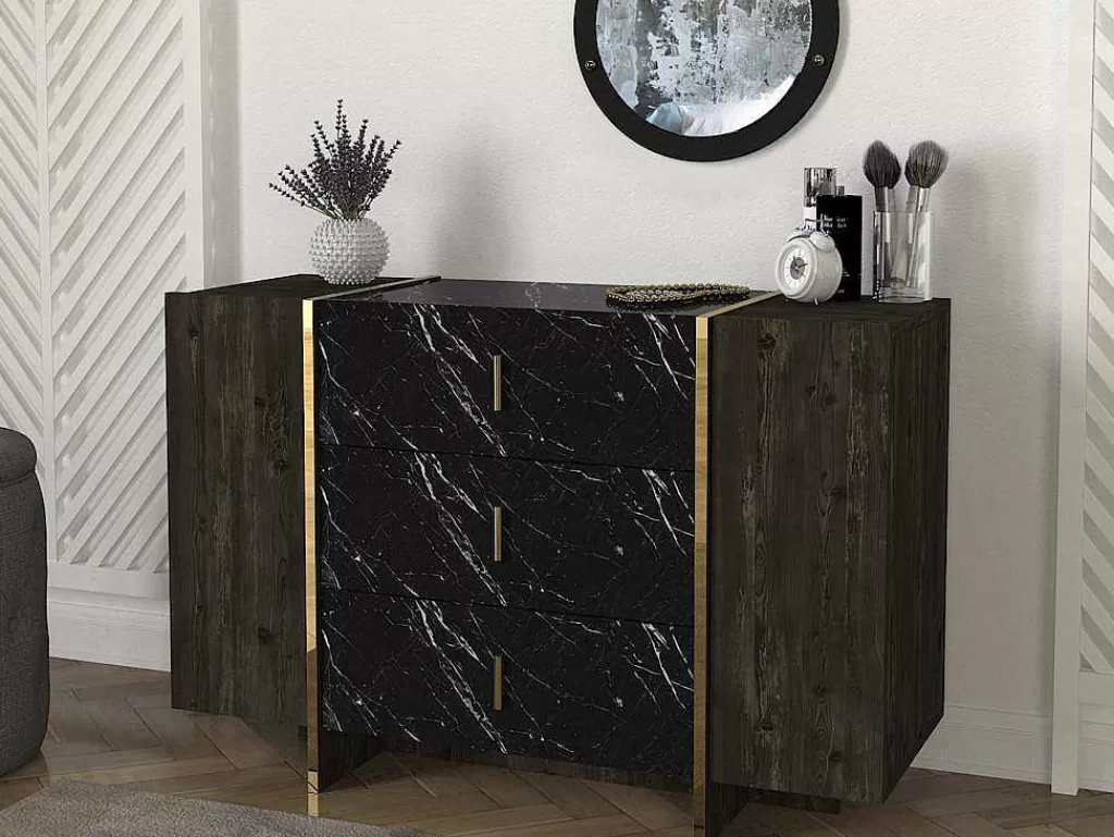 Cómoda*Vente-unique Cómoda 3 Gavetas E 2 Porta Efeito Marmore Preto, Natural Escuro E Dourado - Cadeba