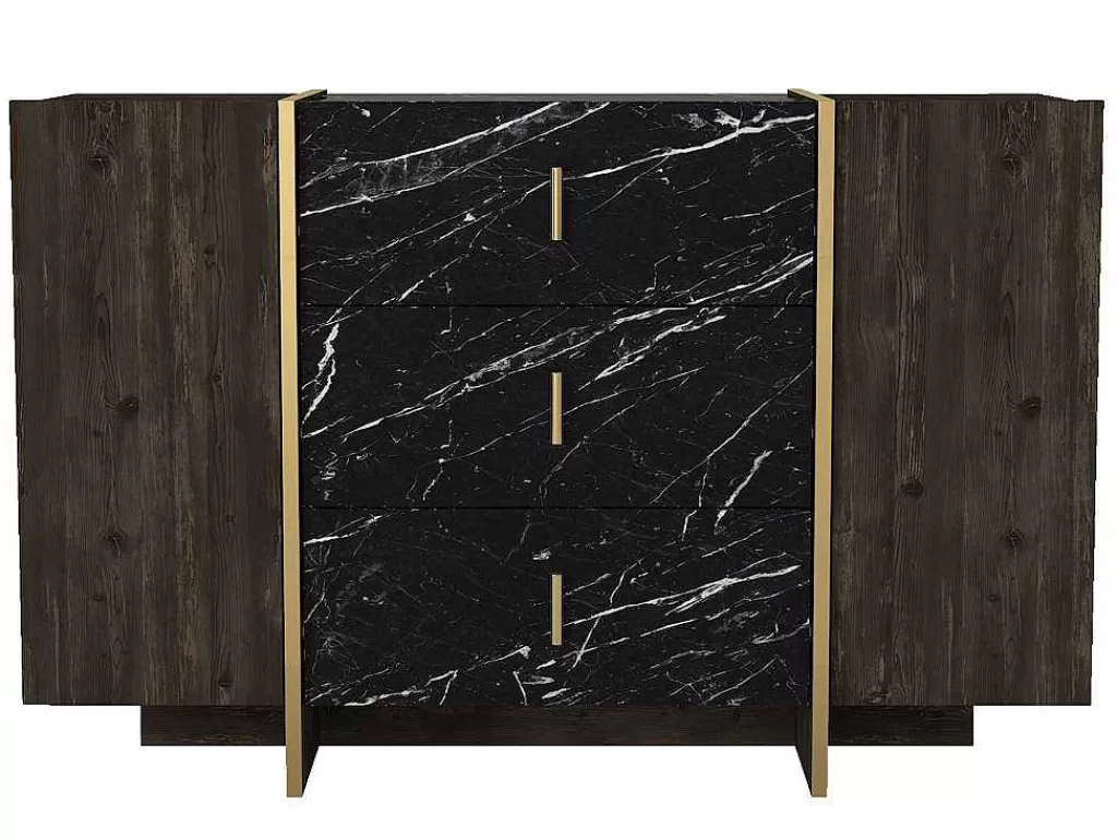 Cómoda*Vente-unique Cómoda 3 Gavetas E 2 Porta Efeito Marmore Preto, Natural Escuro E Dourado - Cadeba