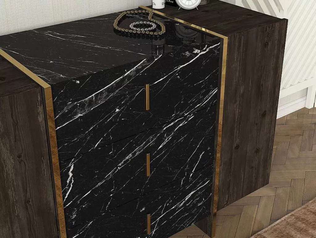 Cómoda*Vente-unique Cómoda 3 Gavetas E 2 Porta Efeito Marmore Preto, Natural Escuro E Dourado - Cadeba