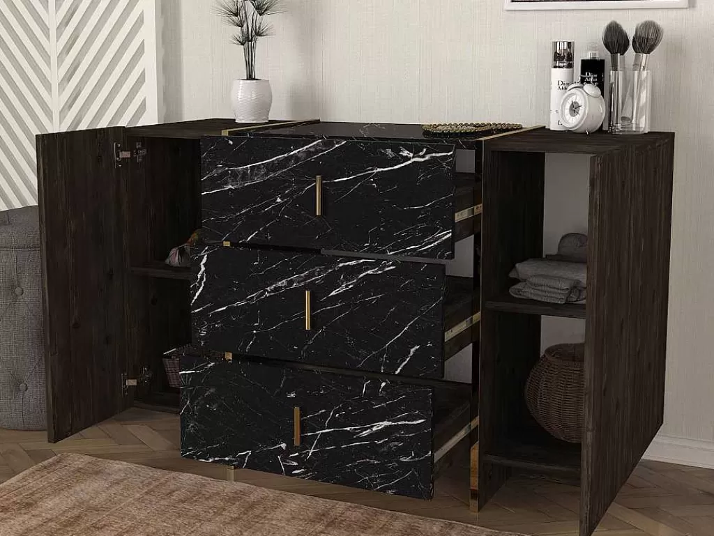 Cómoda*Vente-unique Cómoda 3 Gavetas E 2 Porta Efeito Marmore Preto, Natural Escuro E Dourado - Cadeba