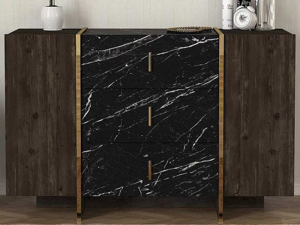 Cómoda*Vente-unique Cómoda 3 Gavetas E 2 Porta Efeito Marmore Preto, Natural Escuro E Dourado - Cadeba