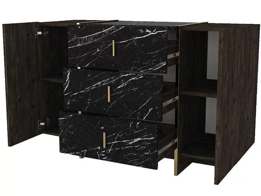 Cómoda*Vente-unique Cómoda 3 Gavetas E 2 Porta Efeito Marmore Preto, Natural Escuro E Dourado - Cadeba