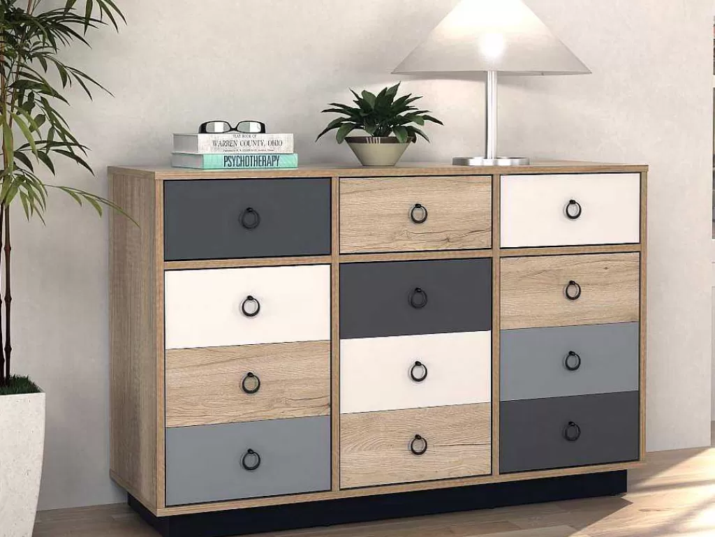 Cómoda*Vente-unique Cómoda 3 Gavetas E 3 Portas Cor: Carvalho, Branco E Cinza - Krypton