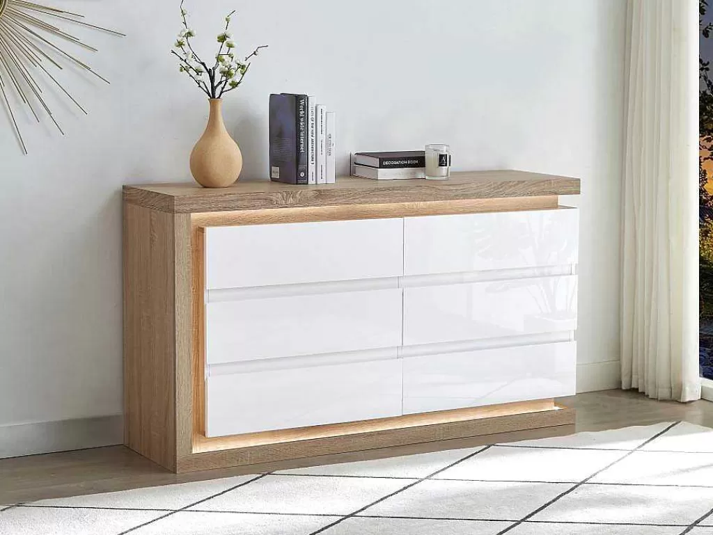 Cómoda*Vente-unique Cómoda 6 Gavetas Com Leds, Mdf Lacado A Branco E Natural - Flarancia