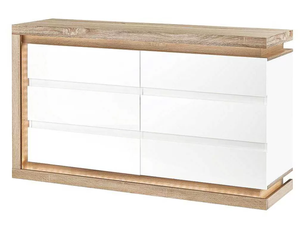 Cómoda*Vente-unique Cómoda 6 Gavetas Com Leds, Mdf Lacado A Branco E Natural - Flarancia