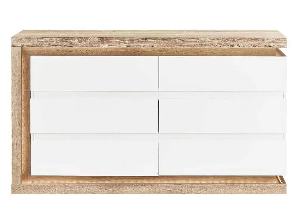 Cómoda*Vente-unique Cómoda 6 Gavetas Com Leds, Mdf Lacado A Branco E Natural - Flarancia