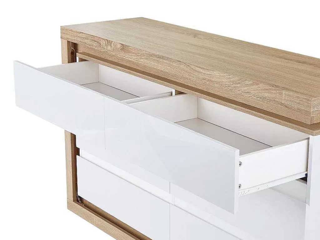 Cómoda*Vente-unique Cómoda 6 Gavetas Com Leds, Mdf Lacado A Branco E Natural - Flarancia