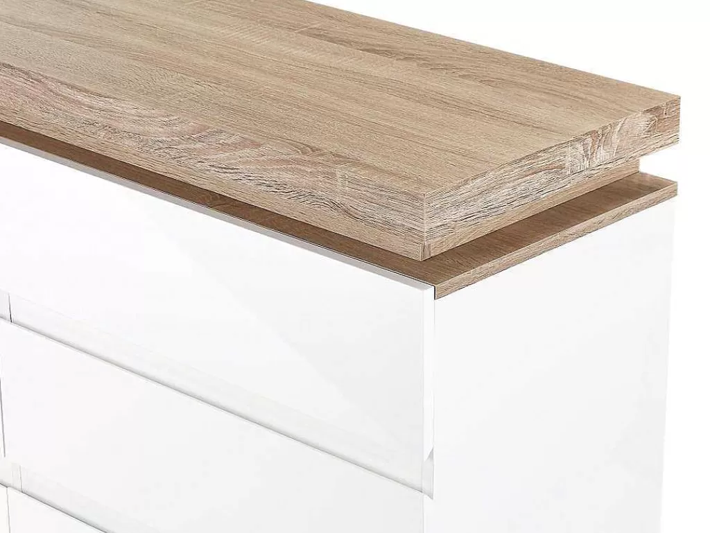 Cómoda*Vente-unique Cómoda 6 Gavetas Com Leds, Mdf Lacado A Branco E Natural - Flarancia