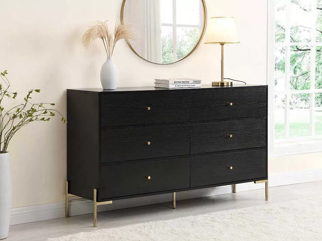 Cómoda*PASCAL MORABITO Cómoda 6 Gavetas Mdf E Metal Preto E Dourado - Milavia De