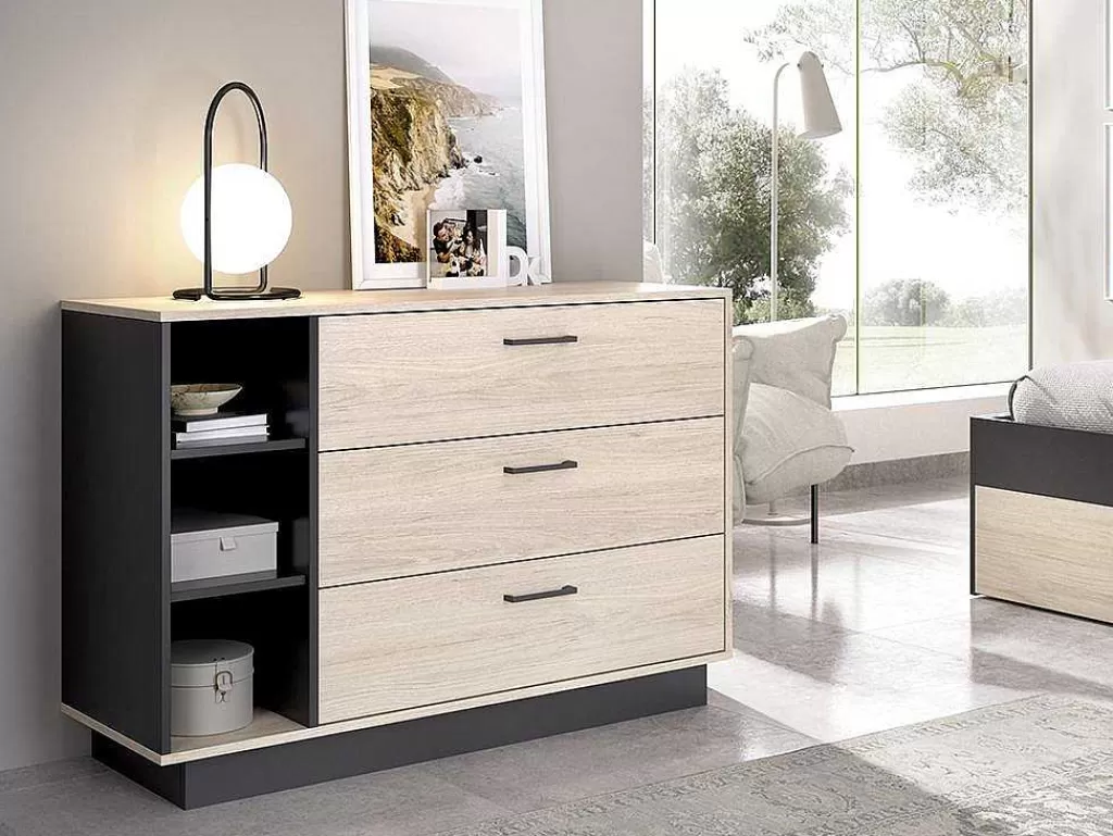 Cómoda*Vente-unique Cómoda Com 3 Gavetas E 3 Nichos Cor Natural E Antracite - Leandre