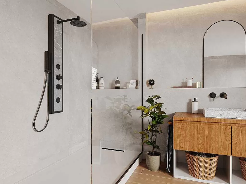 Promoções Casa De Banho & Bem-Estar*Shower & Design Coluna De Duche De Hidromassagem Preta Com Decoração Pedra A127 X L48,5 Xm - Letiya