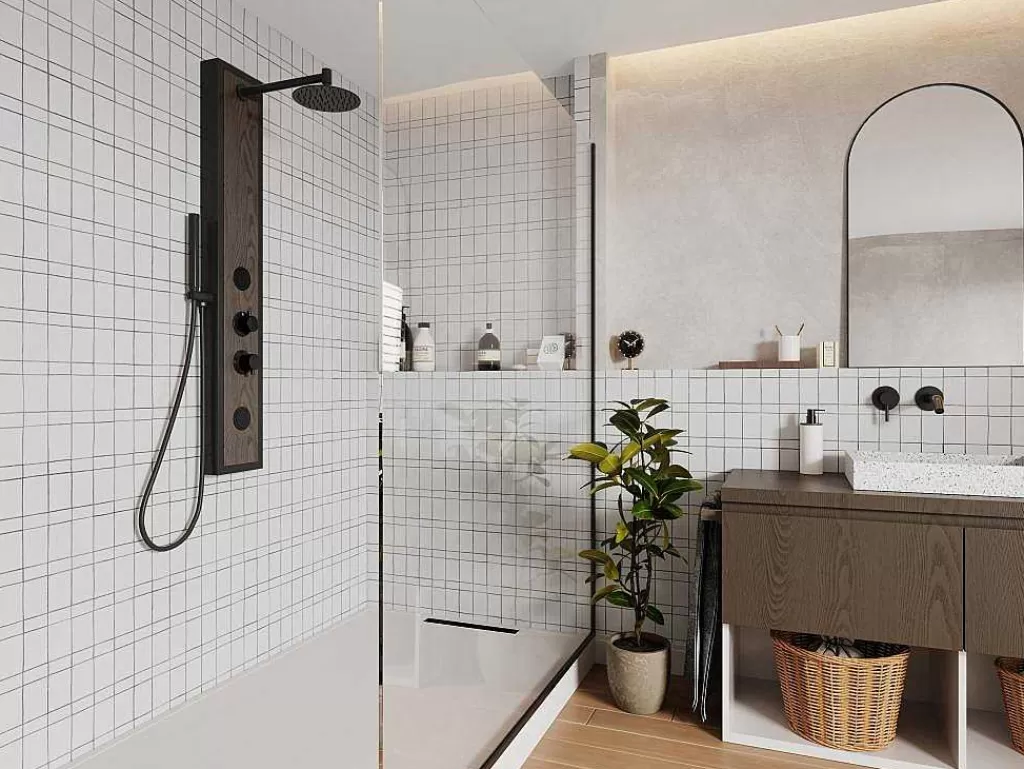 Coluna De Duche*Shower & Design Coluna De Duche De Hidromassagem Preto Com Decoração Madeira A127 X L48,5 Cm - Ubala