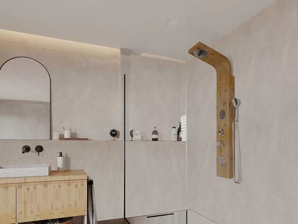 Coluna De Duche*Shower & Design Coluna De Duche Hidromassagem Tissia, Chuva Tropical E Painel Em Bambu - 20*140 Cm