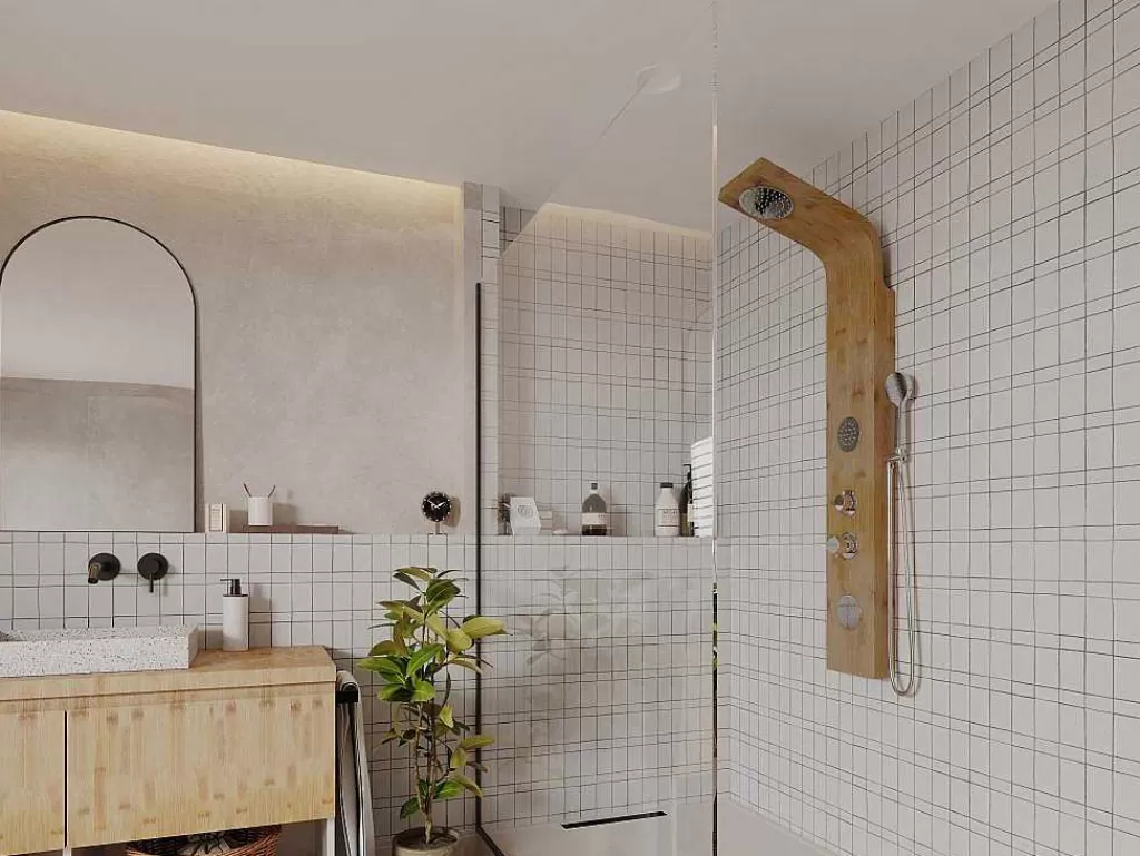 Coluna De Duche*Shower & Design Coluna De Duche Hidromassagem Tissia, Chuva Tropical E Painel Em Bambu - 20*140 Cm