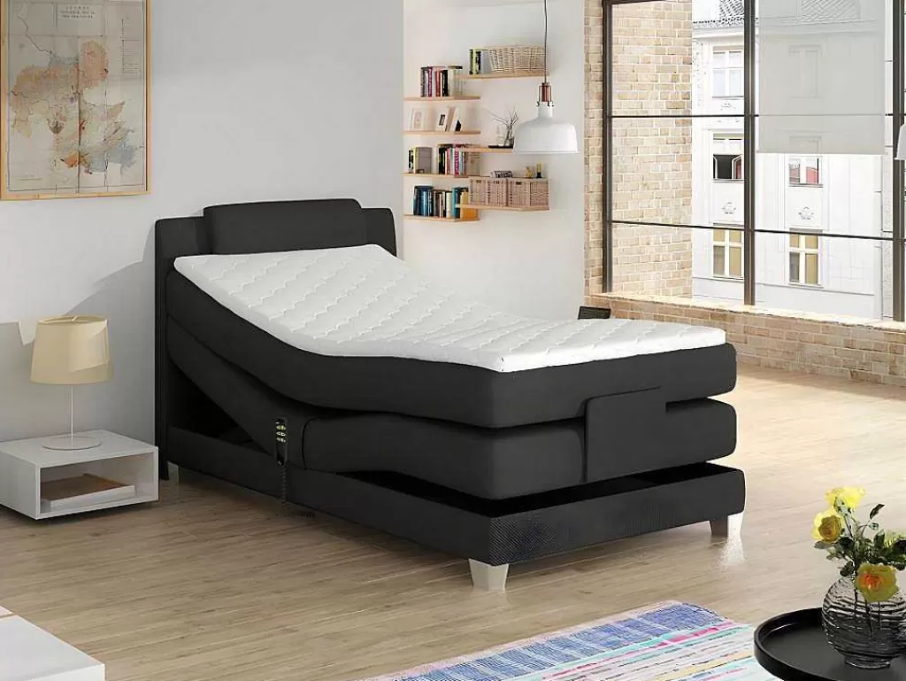 Cama Articulada*Palacio Conjunto Boxspring Cabeceira De Cama + Sommier De Relaxamento Eletrico + Colchão + Sobrecolchão Castel Da - 100X200 Cm -Tecido Antracite