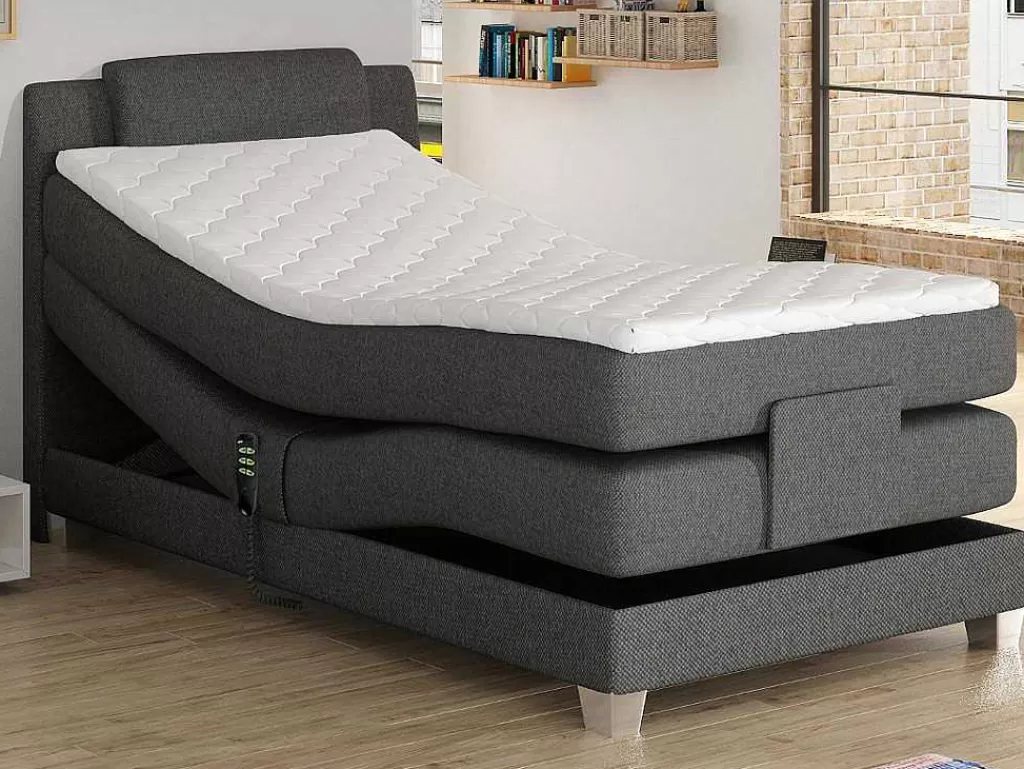 Cama Articulada*Palacio Conjunto Boxspring Cabeceira De Cama + Sommier De Relaxamento Eletrico + Colchão + Sobrecolchão Castel Da - 100X200 Cm -Tecido Cinzento Claro