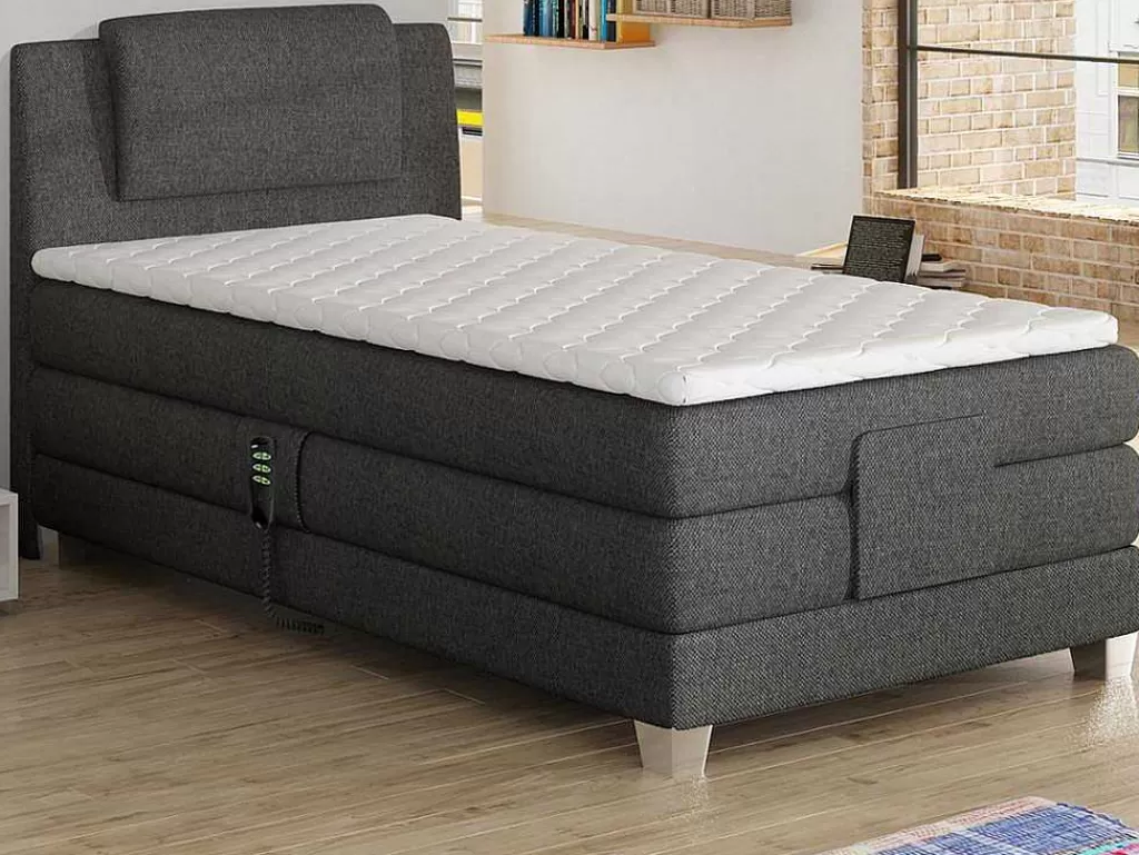 Cama Articulada*Palacio Conjunto Boxspring Cabeceira De Cama + Sommier De Relaxamento Eletrico + Colchão + Sobrecolchão Castel Da - 100X200 Cm -Tecido Cinzento Claro