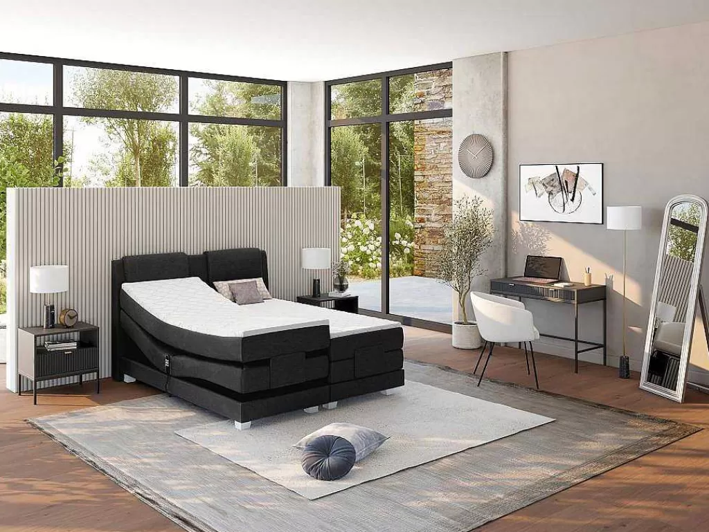 Cama Articulada*Palacio Conjunto Boxspring Cabeceira De Cama + Sommier De Relaxamento Eletrico + Colchão + Sobrecolchão Castel Da - 2X80X200 Cm - Tecido Antracite