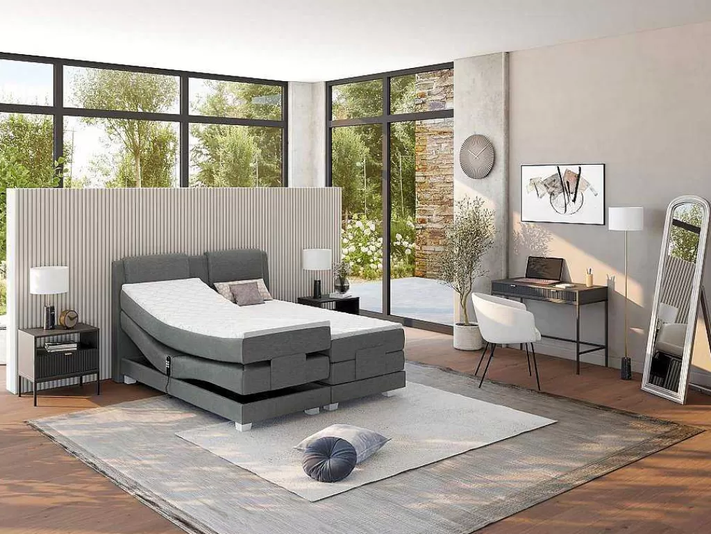 Cama Articulada*Palacio Conjunto Boxspring Cabeceira De Cama + Sommier De Relaxamento Eletrico + Colchão + Sobrecolchão Castel Da - 2X80X200 Cm - Tecido Cinza Claro