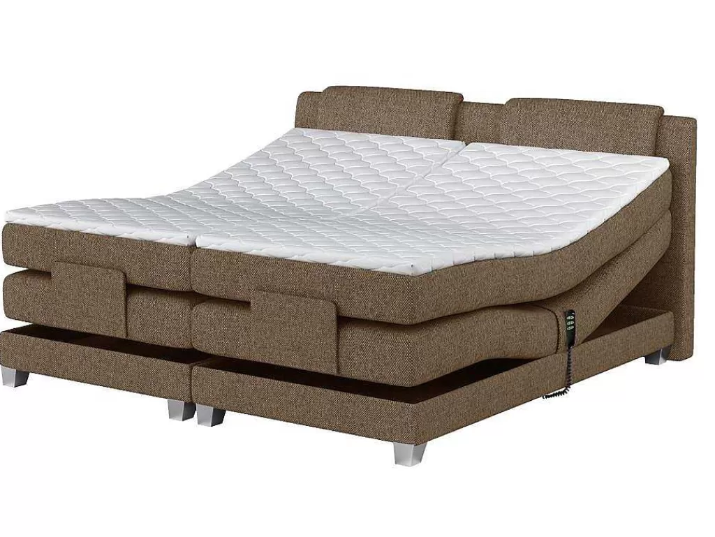 Cama De Adulto*Palacio Conjunto Boxspring Cabeceira De Cama + Sommier De Relaxamento Eletrico + Colchão + Sobrecolchão Castel Da - 2X90X200 Cm -Tecido Bege