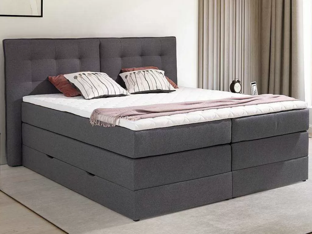 Cama Boxspring, Cama Continental*Palacio Conjunto Boxspring Cabeceira De Cama + Sommiers Com Arrumação + Colchão + Sobrecolchão, 160 X 200 Cm, Tecido Antracite - Perama Da